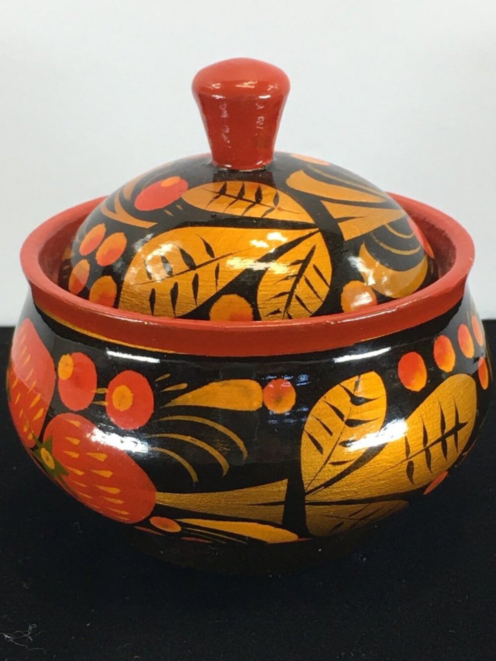 Vintage Russian Khokhloma Lacquered Wood Jar with Lid Painted Red Black